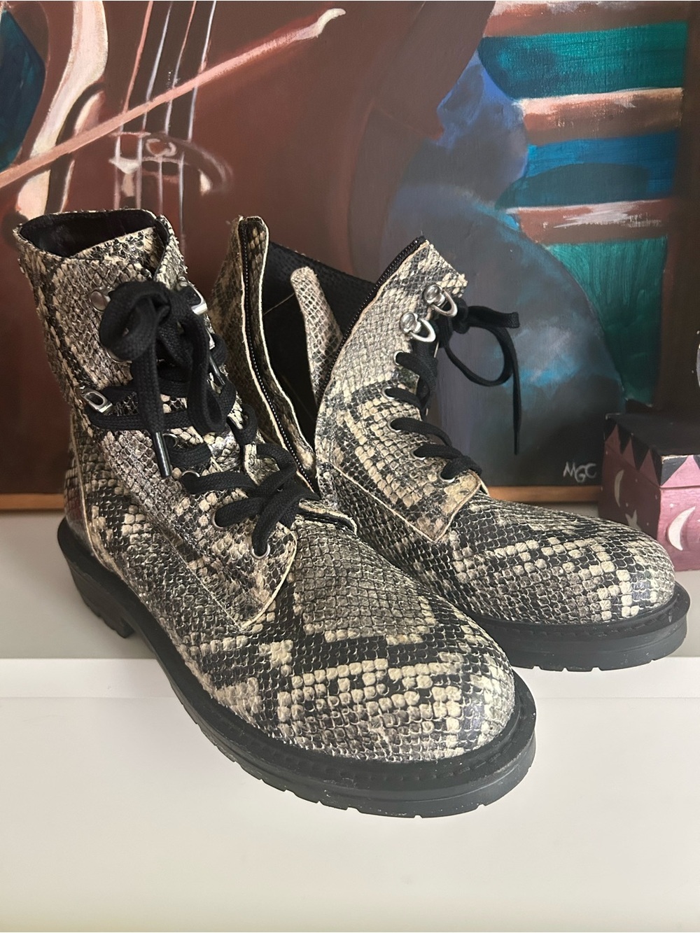 Salt & Umber Snakeskin Combat Boots EU 39 Lace Up Zip Chunky Sole Y2K
